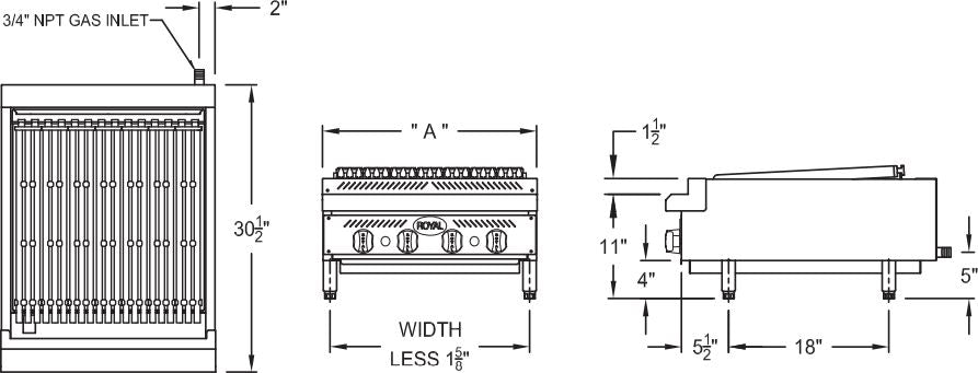 Royal - 24", 4 Burners Stainless Steel Heavy Duty Radiant Broiler - RRB-24 Royal - 24", 4 Burners Stainless Steel Heavy Duty Radiant Broiler - RRB-24