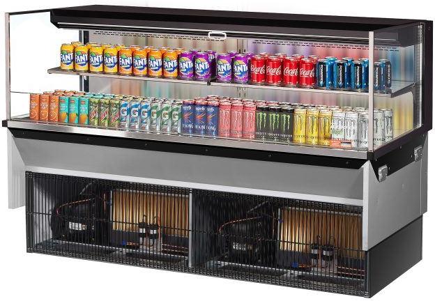 Turbo Air - 71.6" Black Low Profile Drop-In Horizontal Open Display Case with 1 Tier 2 Glass Shelves + Deck - TOM-72L-UF-B-2SI-N (ETA 5-6 Weeks) Turbo Air - 71.6" Black Low Profile Drop-In Horizontal Open Display Case with 1 Tier 2 Glass Shelves + Deck - TOM-72L-UF-B-2SI-N (ETA 5-6 Weeks)