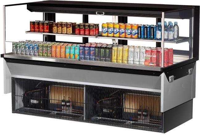 Turbo Air - 71.6" Black Low Profile Drop-In Horizontal Open Display Case with 1 Tier 2 Glass Shelves + Deck - TOM-72L-UFD-B-2SI-N (ETA 5-6 Weeks) Turbo Air - 71.6" Black Low Profile Drop-In Horizontal Open Display Case with 1 Tier 2 Glass Shelves + Deck - TOM-72L-UFD-B-2SI-N (ETA 5-6 Weeks)