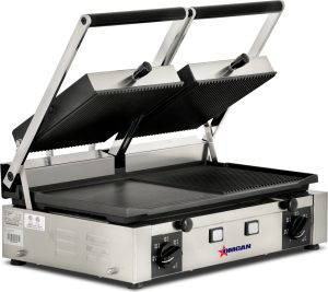 Trento 10″ x 19″ Double Panini Grill with Ribbed Top and 1/2 Grooved and Smooth Bottom Grill Surface