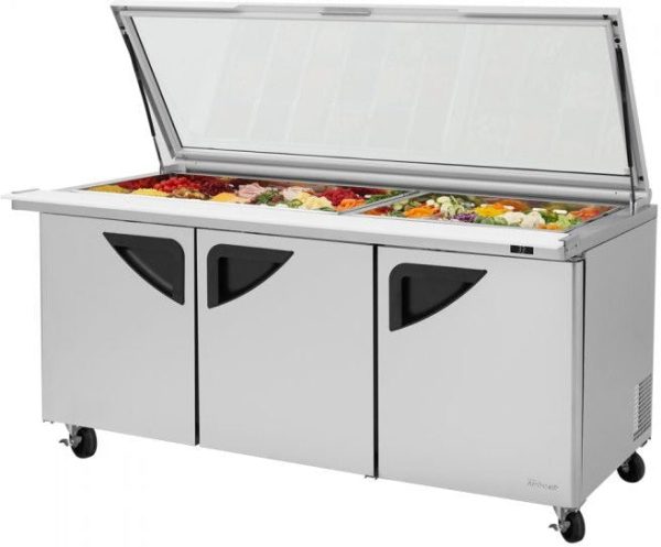 Turbo Air - 72" Mega Top Hinged Glass Lid Refrigerated Sandwich Prep Table with 3 Doors - TST-72SD-30-N-GL