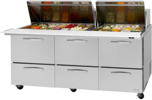 Turbo Air - PRO Series 72.6" Silver Three-Section Sandwich/Salad Prep Table with 2 Hoods, 4 Drawers, 2 Shelves - PST-72-30-D6-N