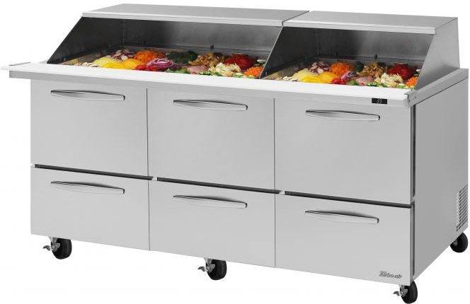 Turbo Air - PRO Series 72.6" Silver Three-Section Mega Top Sandwich/Salad Prep Table with Slide Lids - PST-72-30-D6-N-SL Turbo Air – PRO Series 72.6″ Silver Three-Section Mega Top Sandwich/Salad Prep Table with Slide Lids – PST-72-30-D6-N-SL (ETA 5-6 Weeks)