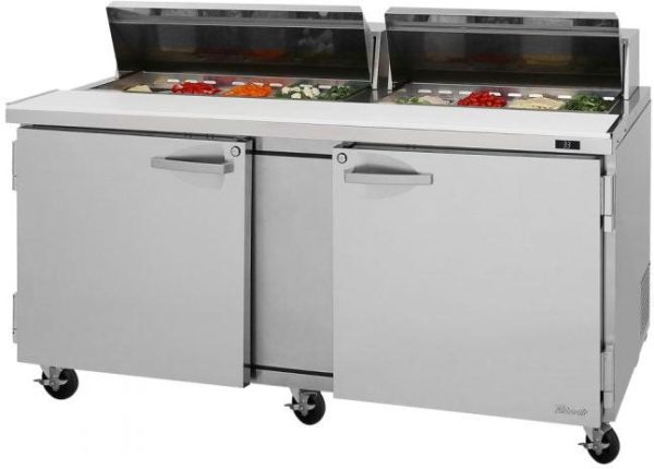 Turbo Air - PRO Series 72.6" Silver 2 Solid Hinged Swing Doors Sandwich/Salad Prep Table with Refrigerated Base and 2 Shelves - PST-72-N