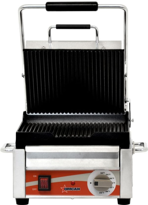Single Panini Grill with Grooved Plates – 10″ x 11″ Cooking Surface – 120V, 1500W