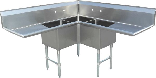 18″ x 18″ x 14″ 18-gauge stainless steel Three Compartment Corner Sink with Two Drainboards and 3.5″ Center Drain