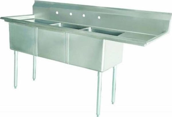 24″ x 24″ x 14″ Stainless Steel Three Tub Sink with 3.5″ Center Drain and Right Drainboard