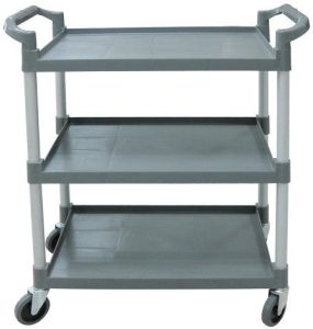Gray Plastic Bussing Cart with Shelving Size of 31″ x 20″