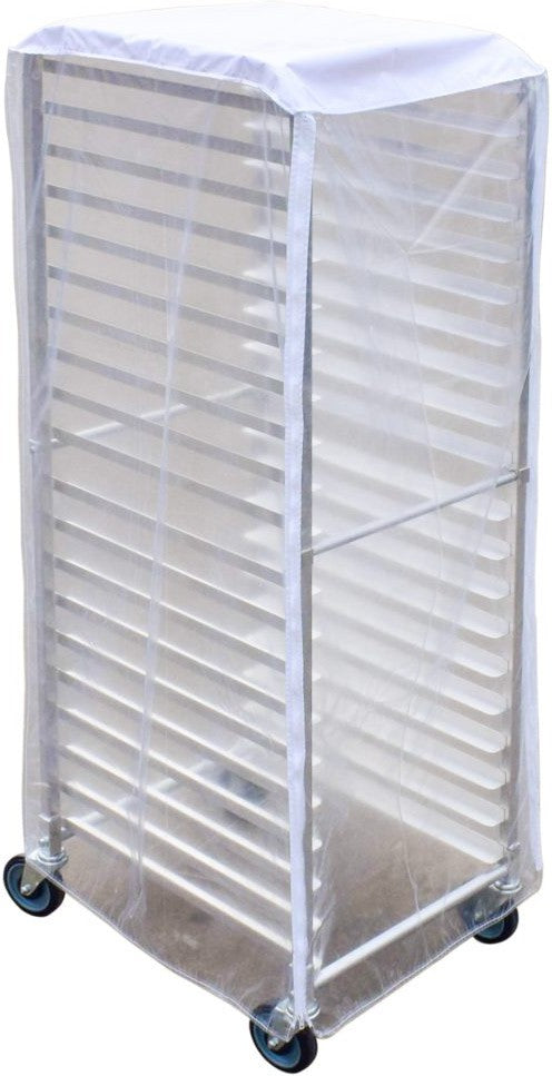 24″ x 28″ x 62″ PVC-Nylon Pan Rack Cover with Transparent Sides, White Top and Three Zippers