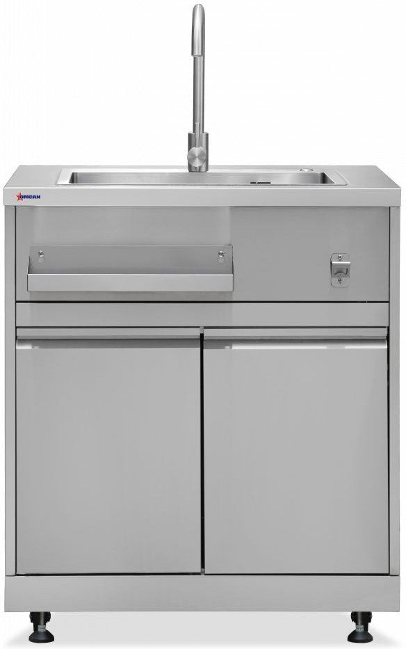 32″ Stainless Steel Hand Sink Cabinet Stand With Faucet, Water Pipe, 2-Door Storage, Storage Tray