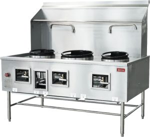 Three Chamber Wok Range with Two 13″ Ring & One 16″ Ring, Backsplash, Faucet, 315,000 BTU – Natural Gas