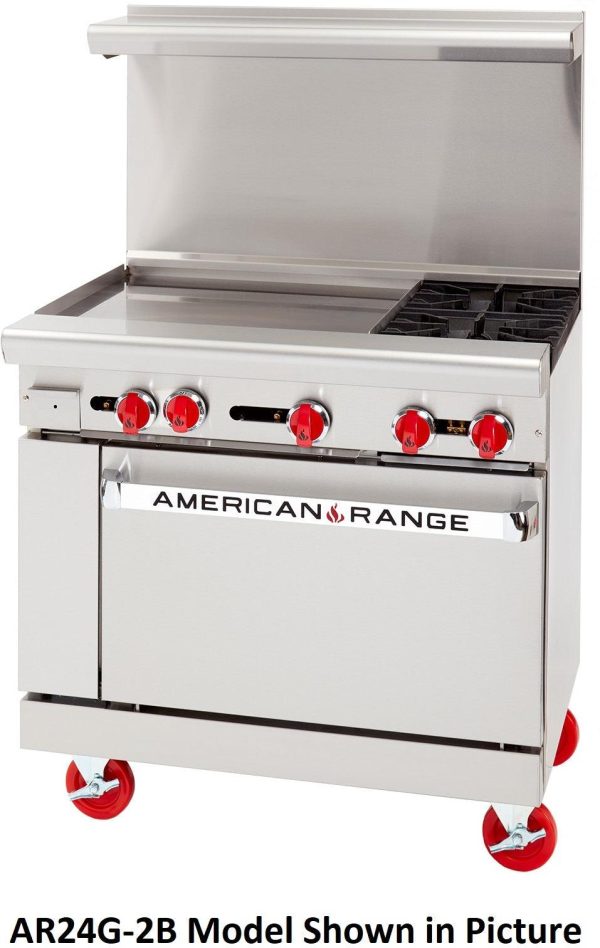 American Range - 48" Stainless Steel Restaurant Range 36" Griddles, 2 Burners, and 20" 2 Space Standard Oven - AR-36G-2B