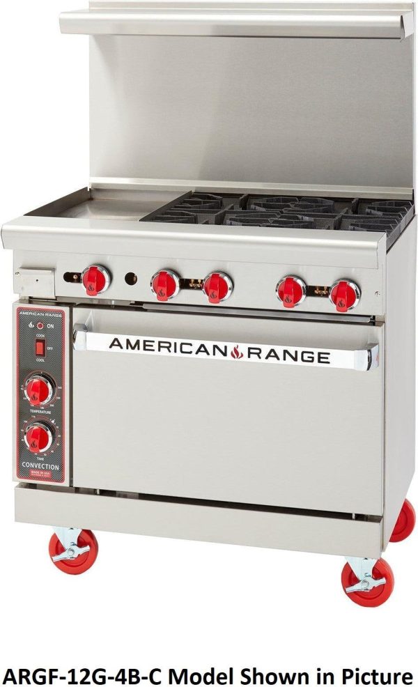 American Range -36" Stainless Steel Green Flame Ranges 12" Griddles, 4 Burners with 26.5" Standard Oven - ARGF-12G-4B