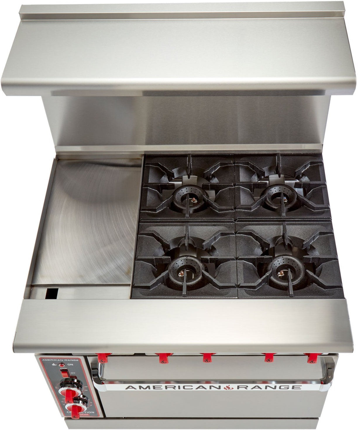 American Range -36" Stainless Steel Green Flame Ranges 12" Griddles, 4 Burners with 26.5" Convection Oven - ARGF-12G-4B-C American Range -36" Stainless Steel Green Flame Ranges 12" Griddles, 4 Burners with 26.5" Convection Oven - ARGF-12G-4B-C