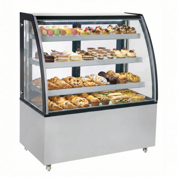 Omcan Three (3) Shelf Curved Glass Floor Refrigerated Showcase, . ( ), Stainless Steel